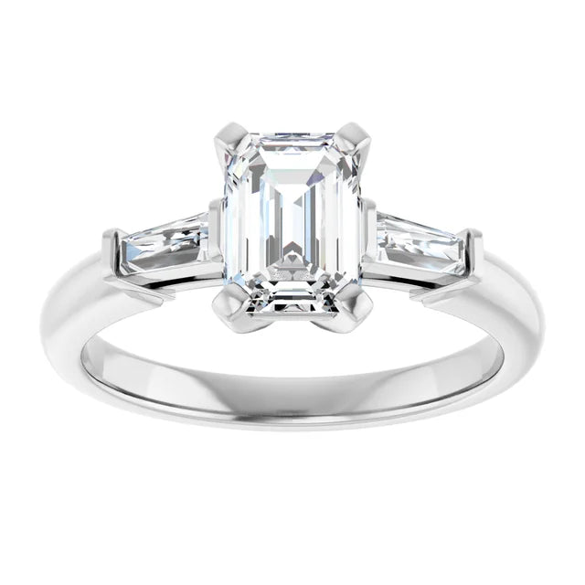 1 CT Emerald Cut and Tapered baguette Diamond Engagement Ring Set in White gold or Platinum 