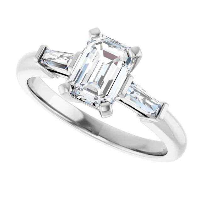 Side Picture for 1 CT Emerald Cut and Tapered baguette Diamond Engagement Ring  Set in white gold or platinum 