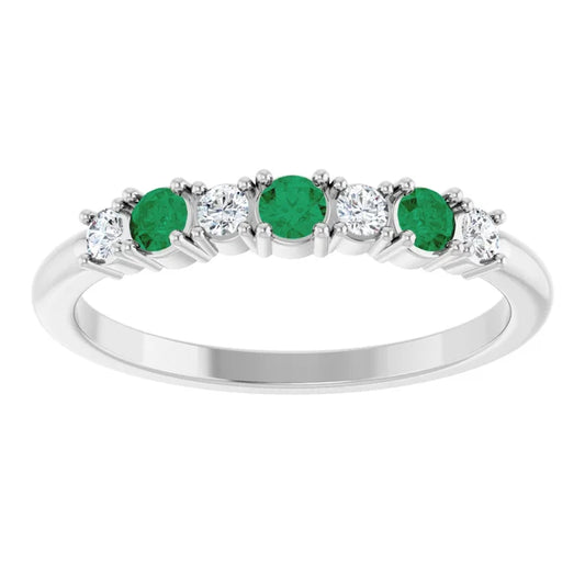 14K Gold 7-stone Natural Diamond & Natural Emerald Stackable Ring 14K White gold 1