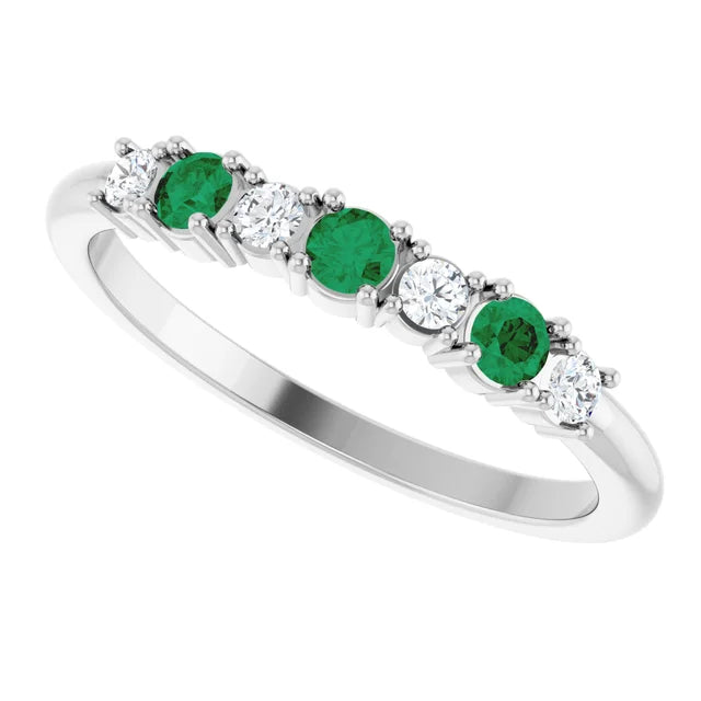 14K Gold 7-stone Natural Diamond & Natural Emerald Stackable Ring  14K White Gold Side Picture 