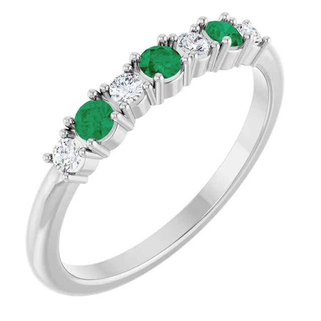 14K Gold 7-stone Natural Diamond & Natural Emerald Stackable Ring white gold