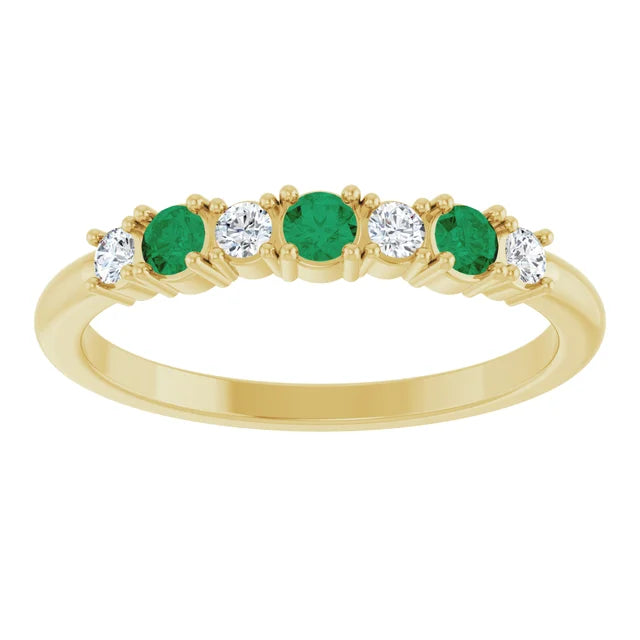 14K Gold 7-stone Natural Diamond & Natural Emerald Stackable Ring Yellow Gold