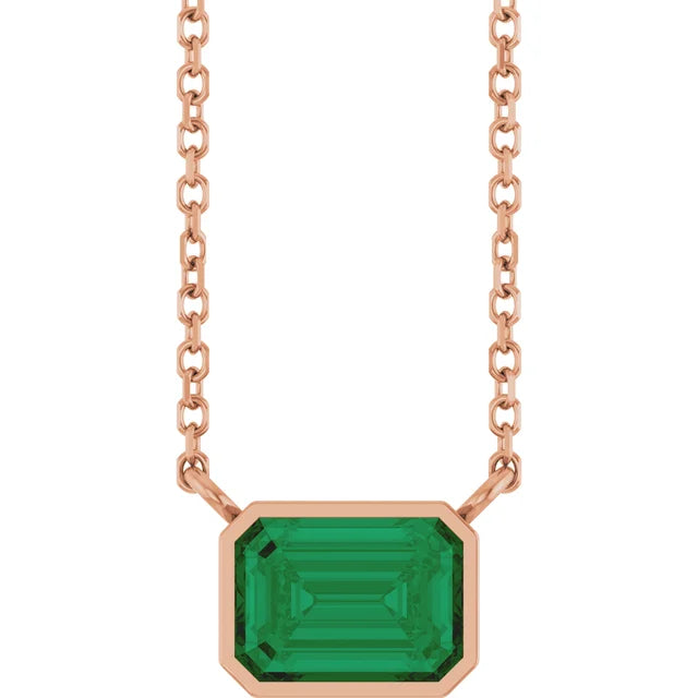 Rose Gold Bezel Set Emerald Cut Emerald Birthstone Solitaire Necklace 