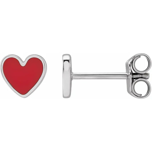 14K White Gold red Enameled Heart Gold Earrings