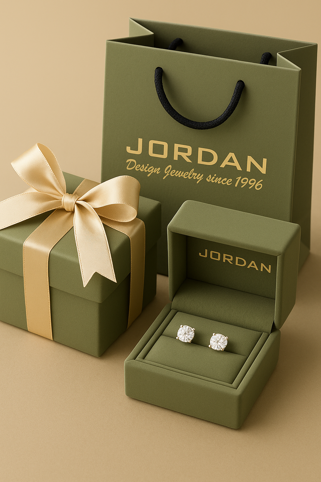 Jordan Design Jewelry gift packaging — jewelry box and branded gift bag with tissue