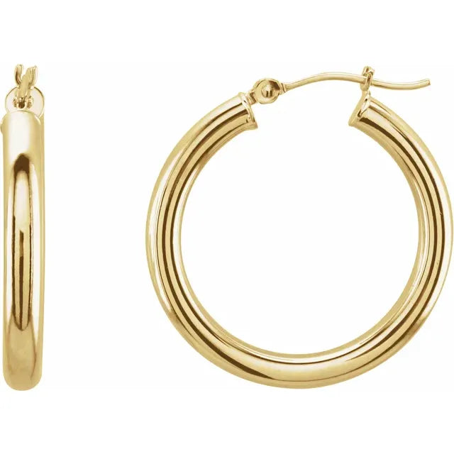 25 mm bold round tube hoop earrings in polished 14K yellow gold with 3 mm thickness and catch closure