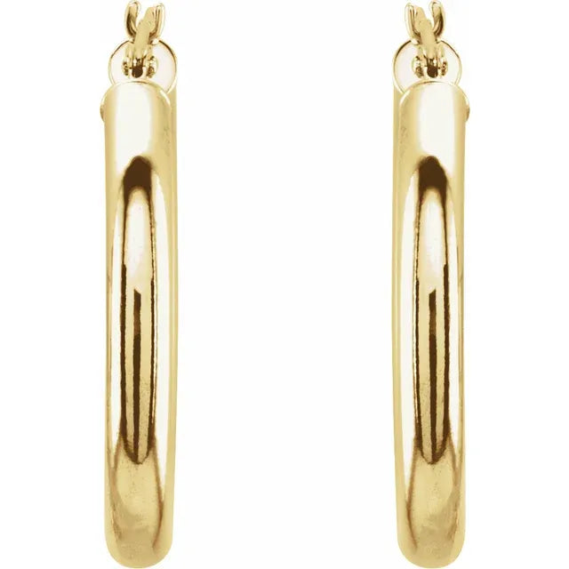 25 mm bold round tube hoop earrings in polished 14K yellow gold 