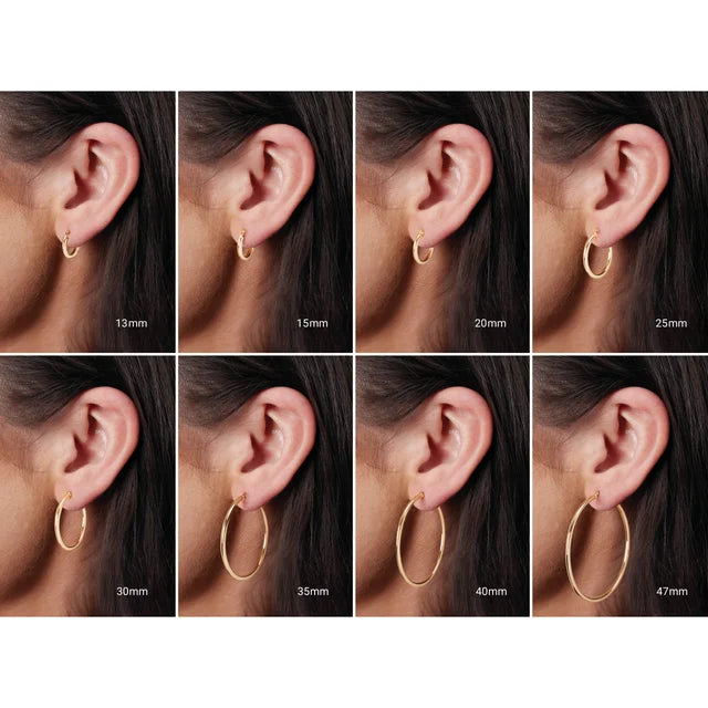 gold hoop earrings size guide showing 13 mm, 15 mm, 20 mm, 25 mm, 30 mm, 35 mm, 40 mm and 47 mm hoops on earings