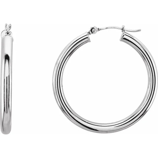25 mm bold round tube hoop earrings in polished 14K White gold with 3 mm thickness and catch closure