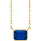 Yellow Gold Bezel Set Emerald Cut Blue Sapphire Birthstone Solitaire Necklace 