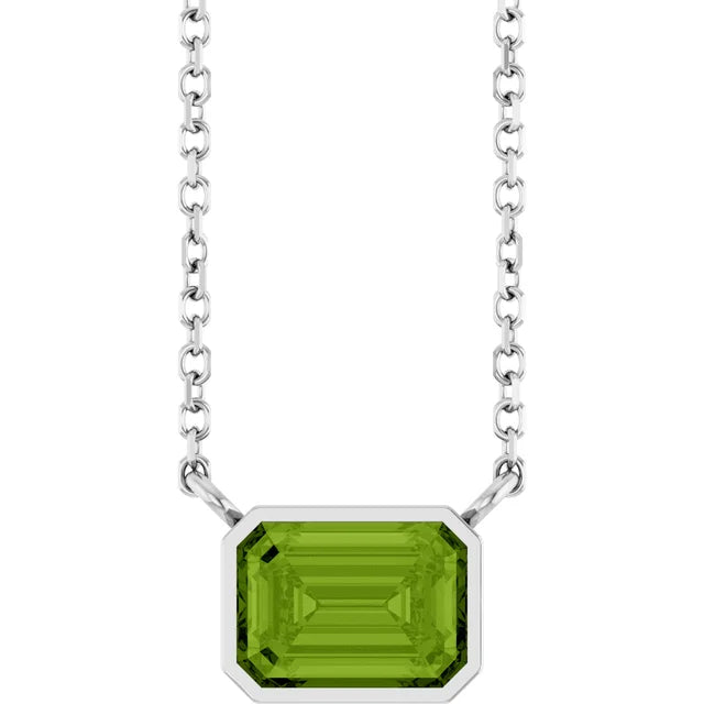 White  Gold Bezel Set Emerald Cut Peridot Birthstone Solitaire Necklace 