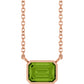 Rose  Gold Bezel Set Emerald Cut Peridot Birthstone Solitaire Necklace 