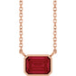 Rose Gold Bezel Set Emerald Cut Ruby Birthstone Solitaire Necklace 