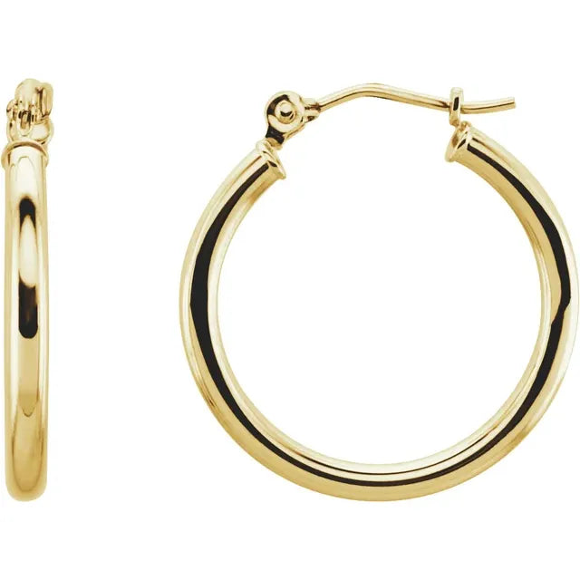 20 mm classic round tube hoop earrings in polished 14K yellow gold with secure catch closure
