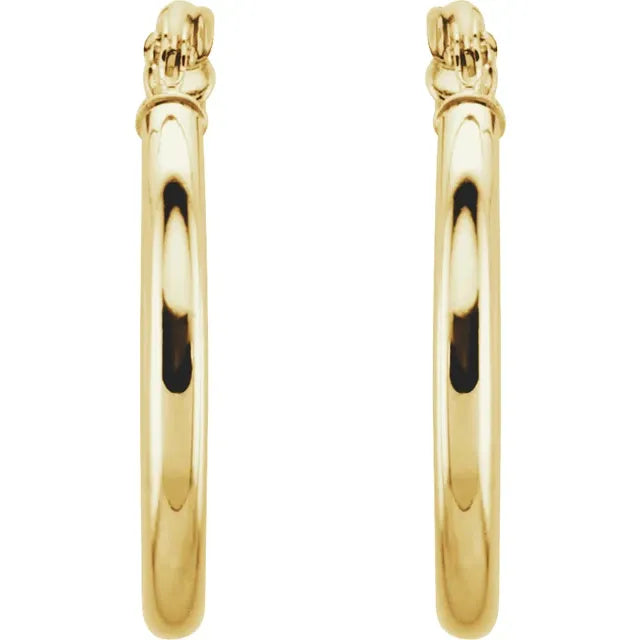 20 mm round tube hoop earrings side view in polished 14K yellow gold