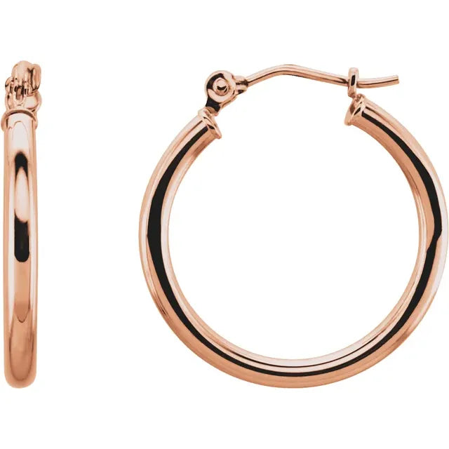 20 mm classic round tube hoop earrings in polished 14K Rose gold with secure catch closure
