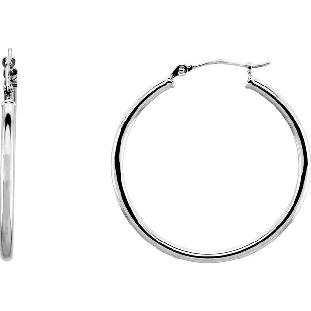 30 mm classic round tube hoop earrings in polished 14K White gold with secure catch closure