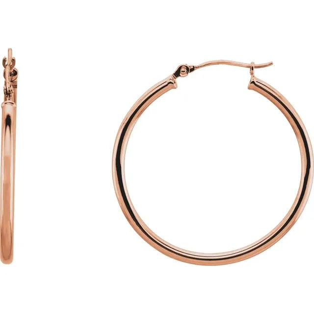 30 mm classic round tube hoop earrings in polished 14K Rose gold with secure catch closure