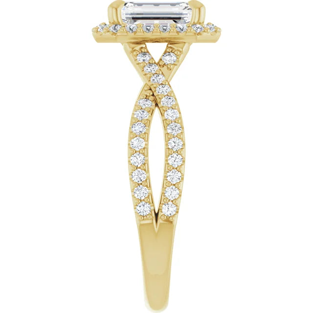 Halo Style Emerald Cut Diamond Engagement Ring with Twisted Shank Set in yellow gold showing diamond on the shank 