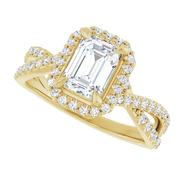 Side View Halo Style Emerald Cut Diamond Engagement Ring with Twisted Shank 