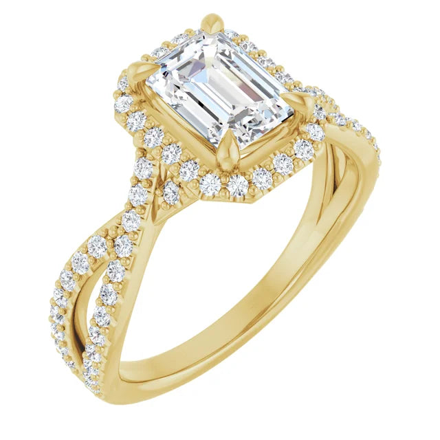 sideway picture for Halo Style Emerald Cut Diamond Engagement Ring with Twisted Shank Set in Yellow Gold