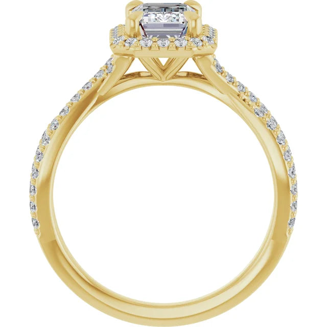 Halo Style Emerald Cut Diamond Engagement Ring with Twisted Shank Set in yellow gold showing under gallery 