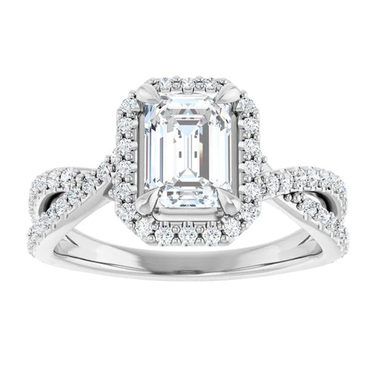 Halo Style Emerald Cut Diamond Engagement Ring with Twisted Shank Set in white gold or platinum 