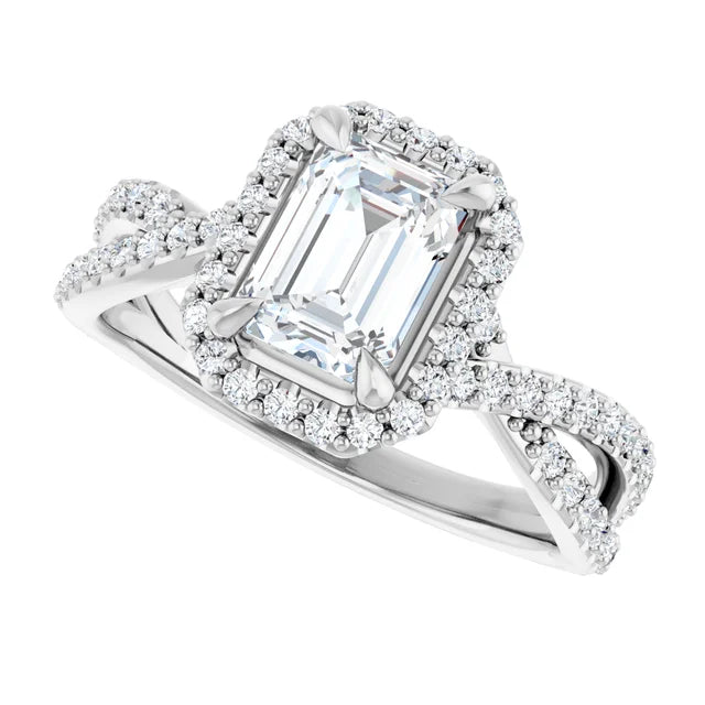 Sideway picture for Halo Style Emerald Cut Diamond Engagement Ring with Twisted Shank Set in white gold or platinum 