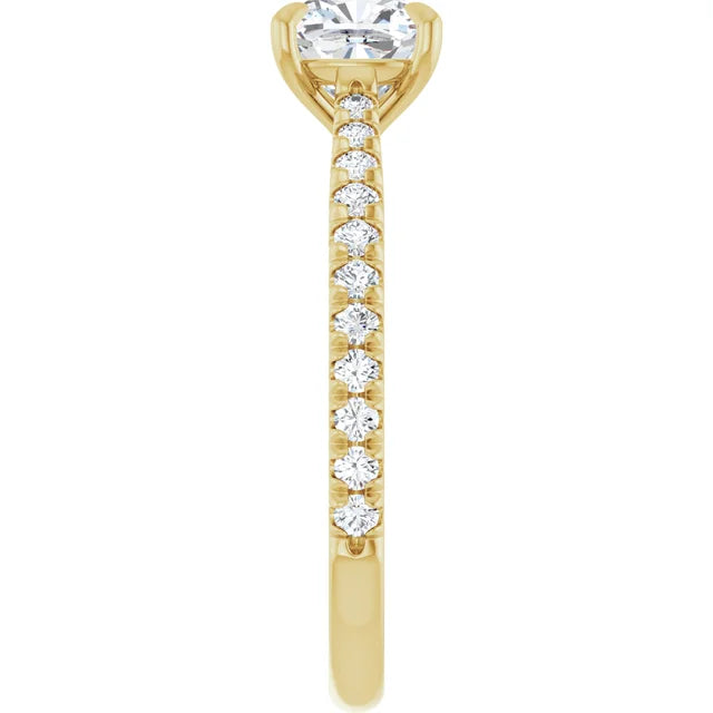 1 CT Cushion Cut Diamond Solitaire Engagement Ring with Accented Diamonds on the shank showing shank from the side 
