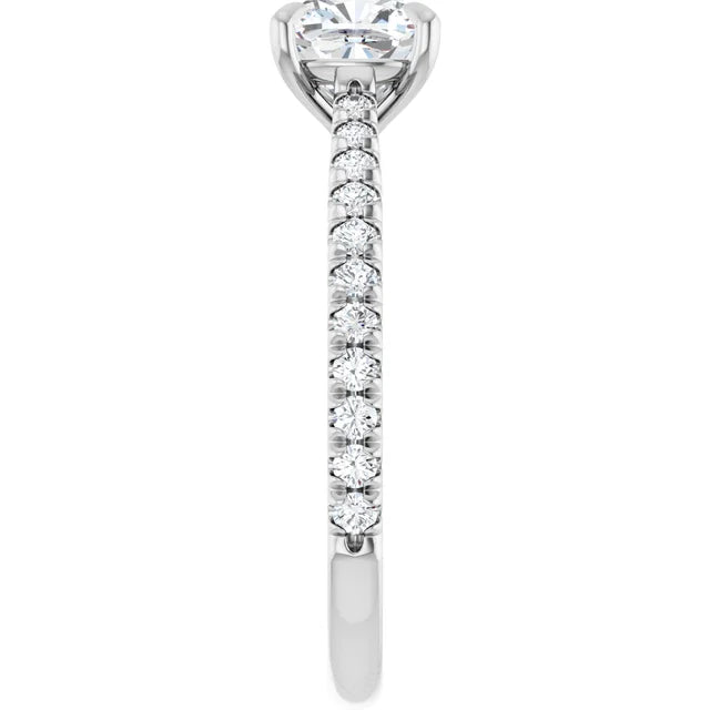1 CT Cushion Cut Diamond Solitaire Engagement Ring with Accented Diamonds on the shank Set in white gold or platinum showing shank from the side 