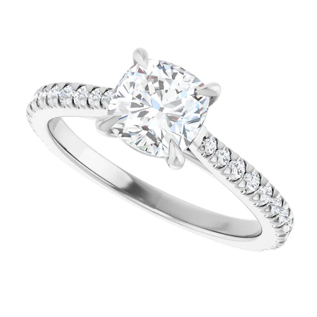 Sideway Picture for 1 CT Cushion Cut Diamond Solitaire Engagement Ring with Accented Diamonds on the shank Set in white gold or platinum 