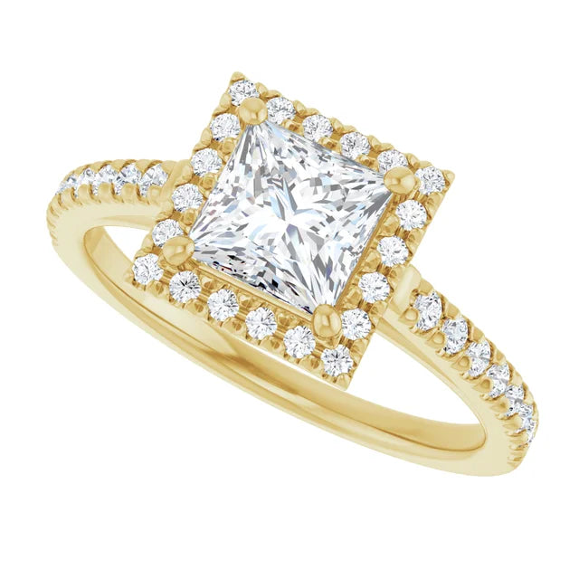 Side View for 1 CT Halo Style Accented Shank Princes Cut Diamond Engagement Ring Set in Yellow Gold
