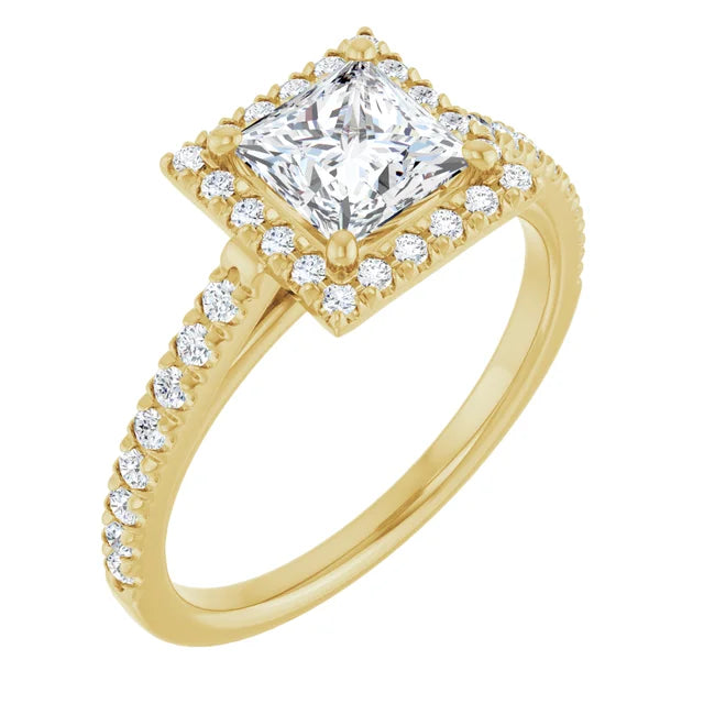 Side picture for 1 CT Halo Style Accented Shank Princes Cut Diamond Engagement Ring Set in Yellow gold