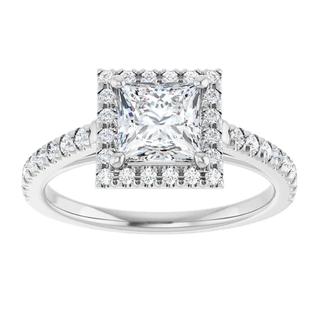 1 CT Halo Style Accented Shank Princes Cut Diamond Engagement Ring Set in White gold or platinum 