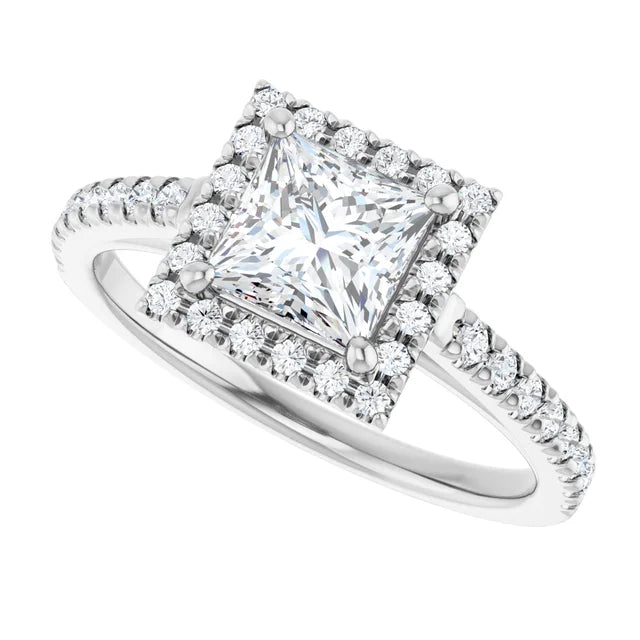 Sideway Picture for 1 CT Halo Style Accented Shank Princes Cut Diamond Engagement Ring Set in white gold or platinum 