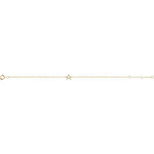 Delicate pavé diamond initial letter bracelet in solid 14K yellow gold chain