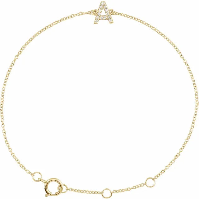 Delicate pavé diamond initial letter bracelet in solid 14K yellow gold chain 2