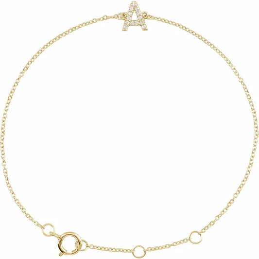 Delicate pavé diamond initial letter bracelet in solid 14K yellow gold chain 2
