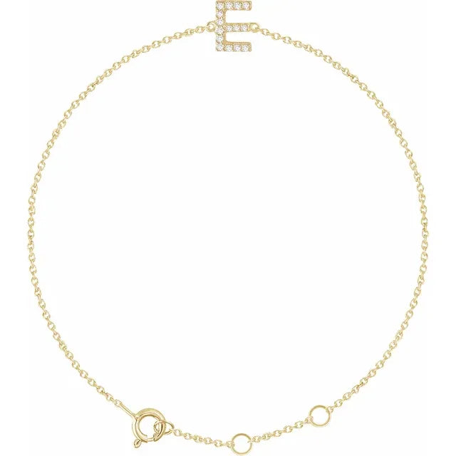 Delicate pavé diamond initial letter E bracelet in solid 14K yellow gold chain