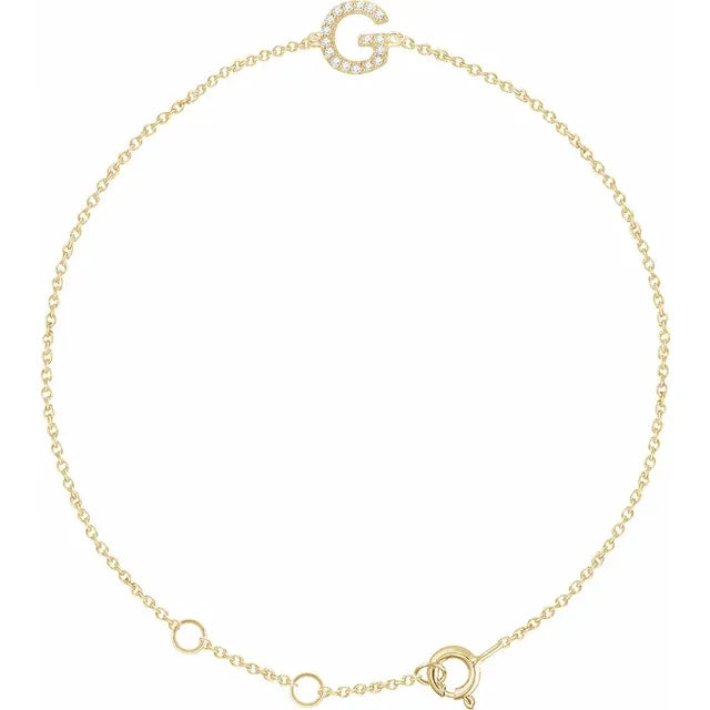 Delicate pavé diamond initial letter G bracelet in solid 14K yellow gold chain