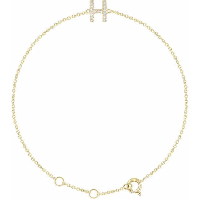Delicate pavé diamond initial letter H bracelet in solid 14K yellow gold chain