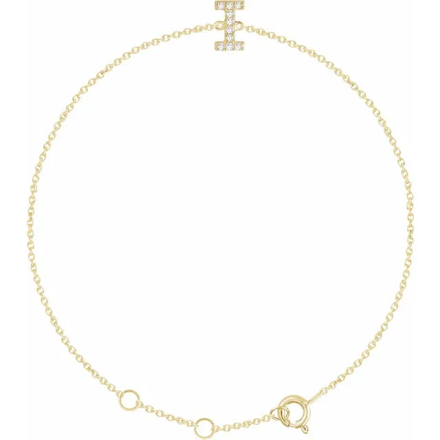 Delicate pavé diamond initial letter I bracelet in solid 14K yellow gold chain