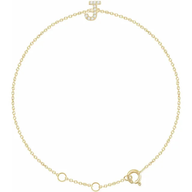Delicate pavé diamond initial letter J bracelet in solid 14K yellow gold chain
