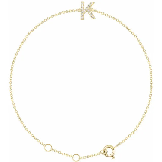 Delicate pavé diamond initial letter K bracelet in solid 14K yellow gold chain