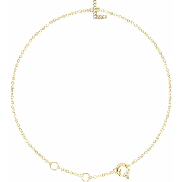 Delicate pavé diamond initial letter L bracelet in solid 14K yellow gold chain