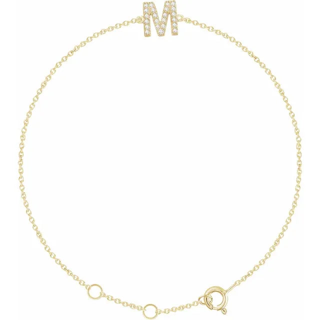 Delicate pavé diamond initial letter M bracelet in solid 14K yellow gold chain