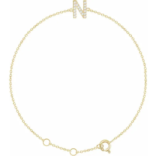 Delicate pavé diamond initial letter N bracelet in solid 14K yellow gold chain