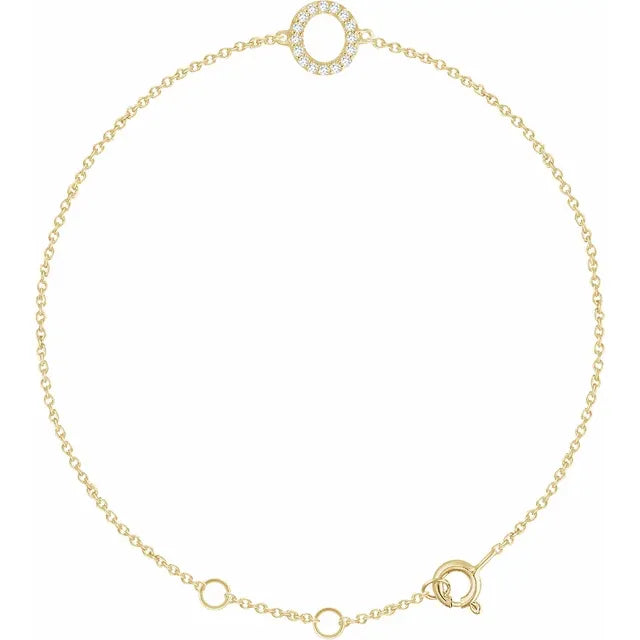 Delicate pavé diamond initial letter O bracelet in solid 14K yellow gold chain