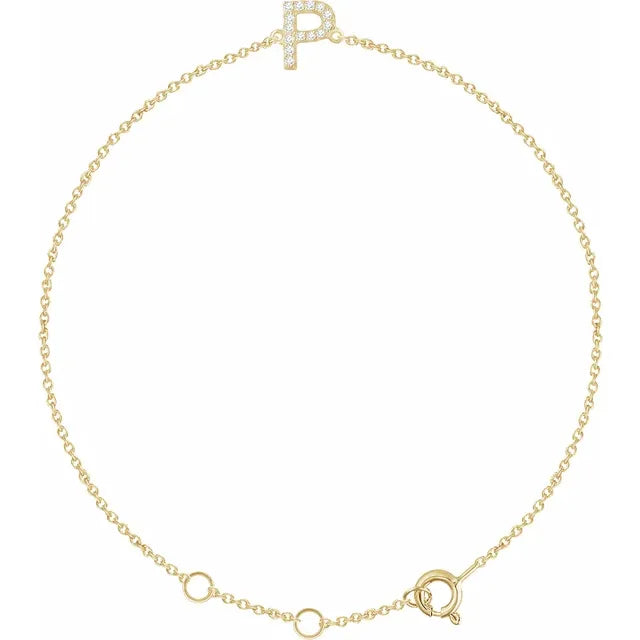 Delicate pavé diamond initial letter P bracelet in solid 14K yellow gold chain