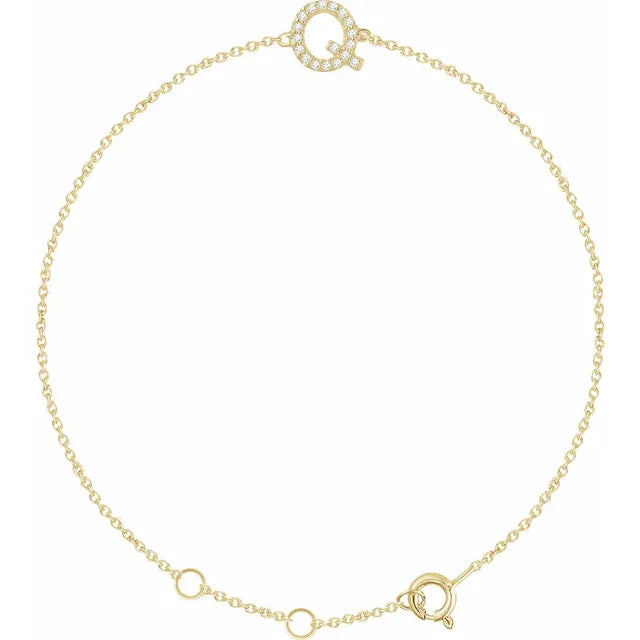 Delicate pavé diamond initial letter Q bracelet in solid 14K yellow gold chain
